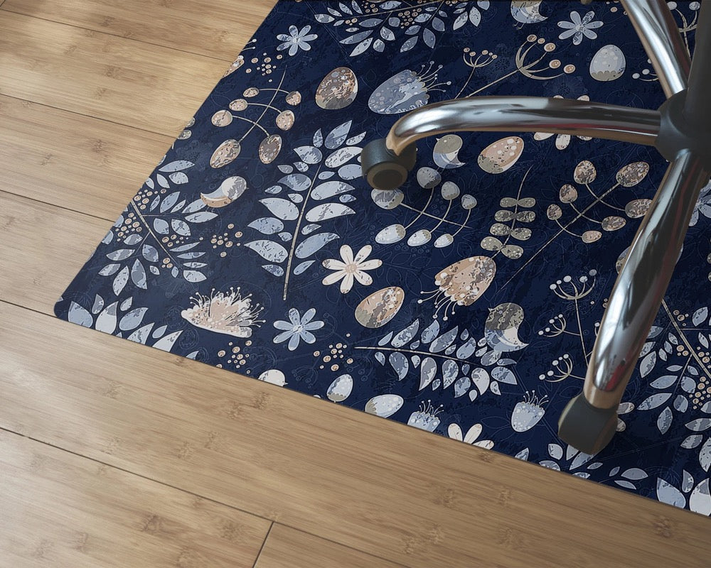 Scandinavian Winter Chair Mat, Blue Computer Mat, Beige Chair Pad Comfort, Floral PVC Splat Mat