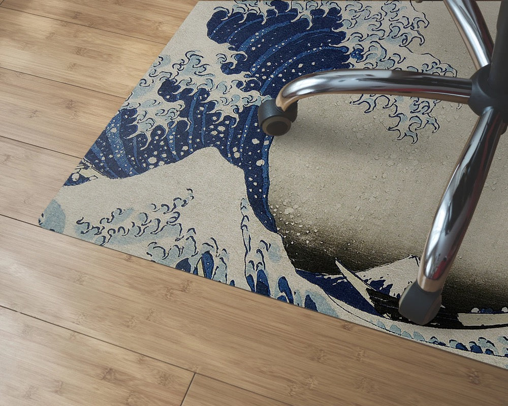Great Wave Of Kanagawa Chair Mat, Beige Vinyl Floor Mat, Blue Kids Room Decor, Japanese Pet Friendly