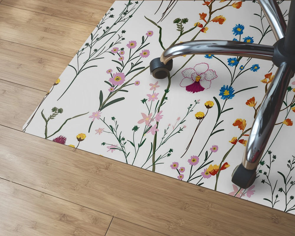 Wild Flowers Chair Mat, White Splat Mat, Green Living Room Floor, Meadow Aesthetic Print