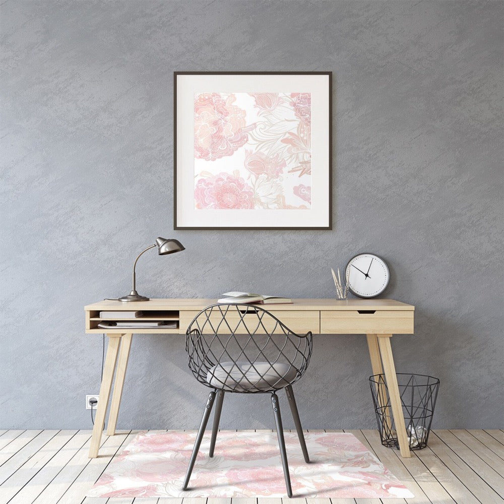Romantic Soft Floral Chair Mat, White Wood Floor Protection Mat, Pink Modern Decoration