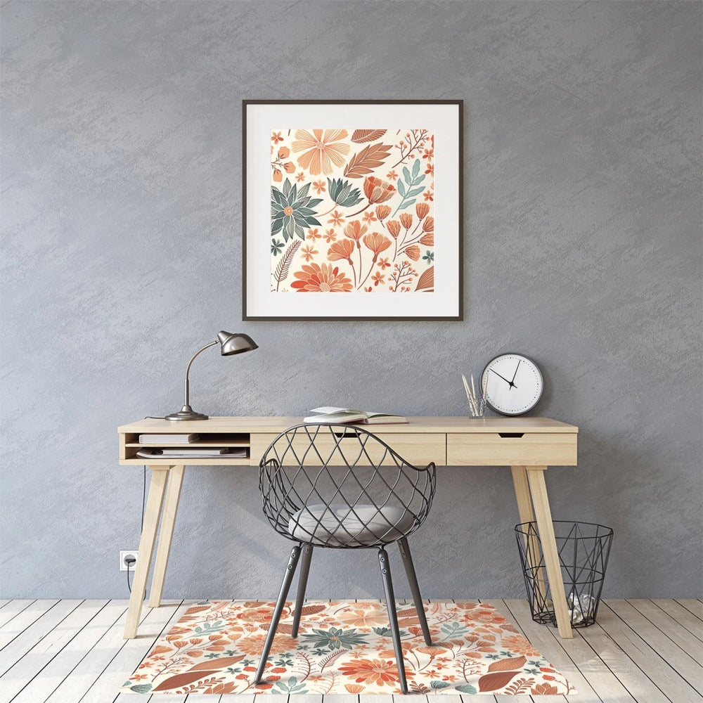 Bohemian Flowers Chair Mat, Beige Wood Floor Protection Mat, Orange Modern Decoration