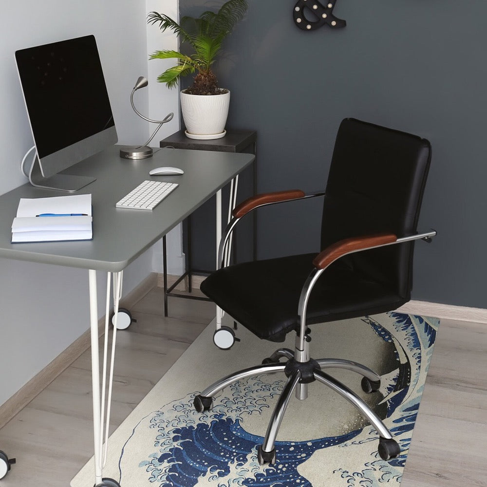 Great Wave Of Kanagawa Chair Mat, Beige Vinyl Floor Mat, Blue Kids Room Decor, Japanese Pet Friendly