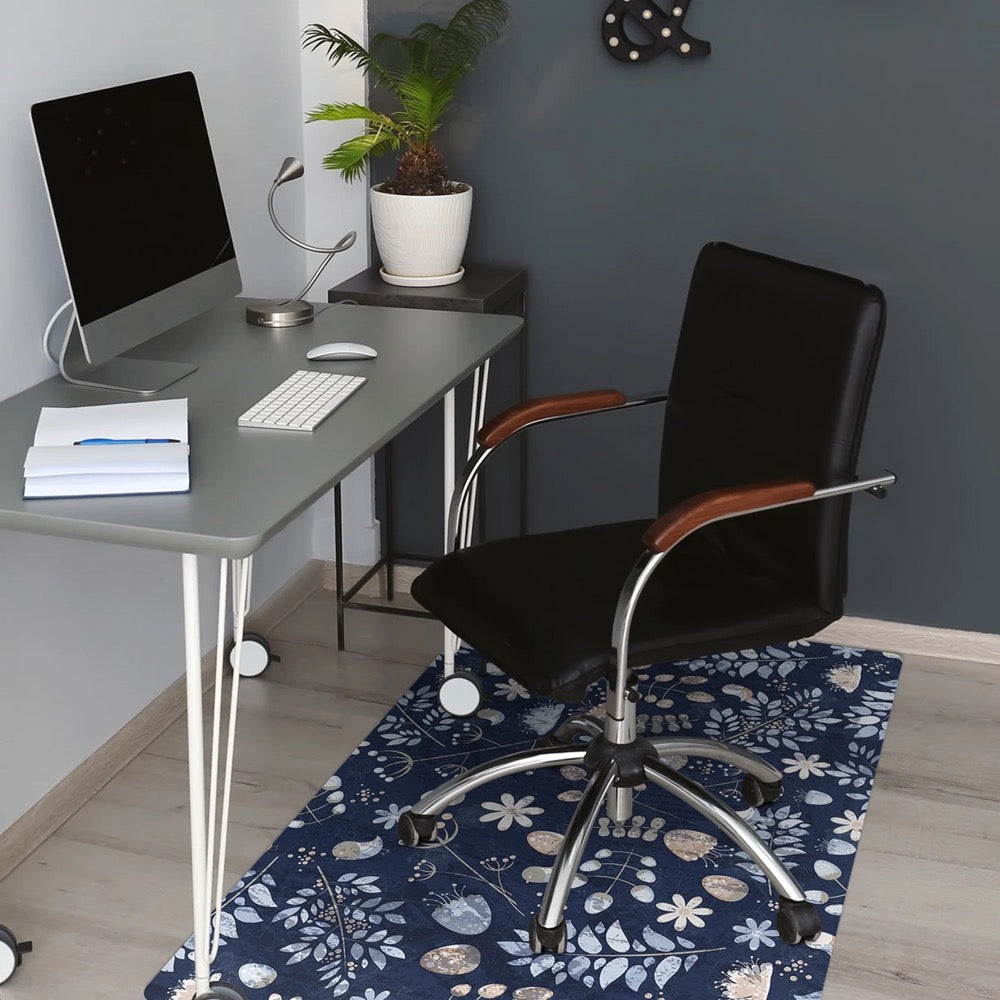 Scandinavian Winter Chair Mat, Blue Computer Mat, Beige Chair Pad Comfort, Floral PVC Splat Mat