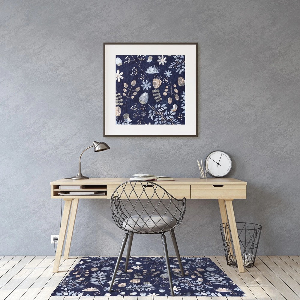 Scandinavian Winter Chair Mat, Blue Computer Mat, Beige Chair Pad Comfort, Floral PVC Splat Mat